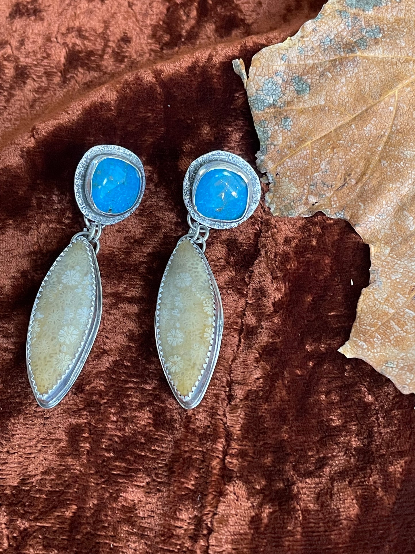 Turquoise and fossilized coral earrings