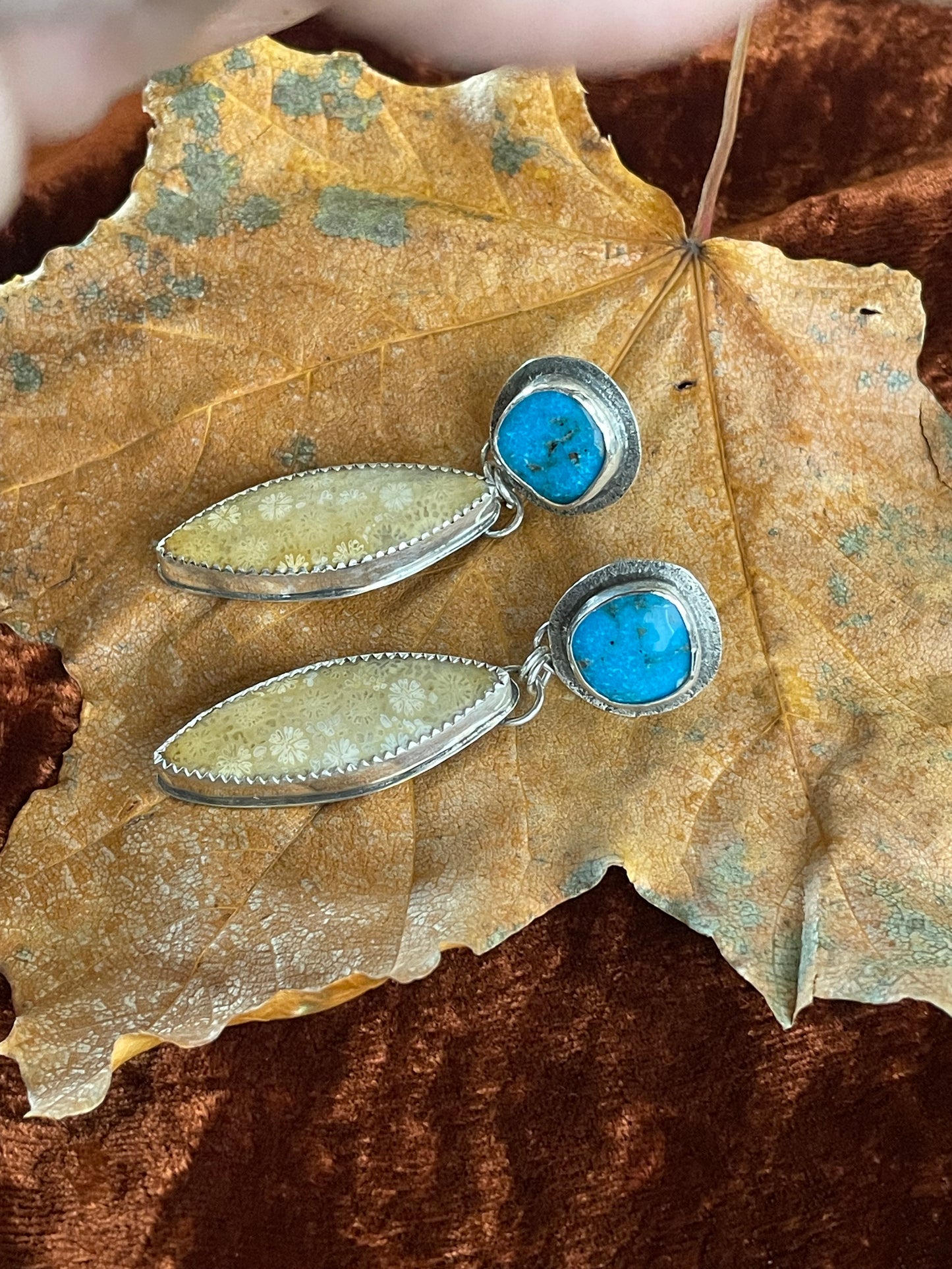 Turquoise and fossilized coral earrings