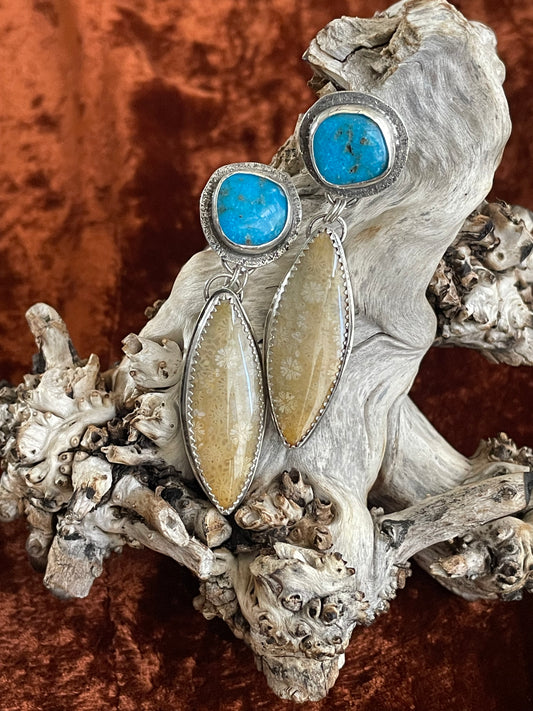 Turquoise and fossilized coral earrings