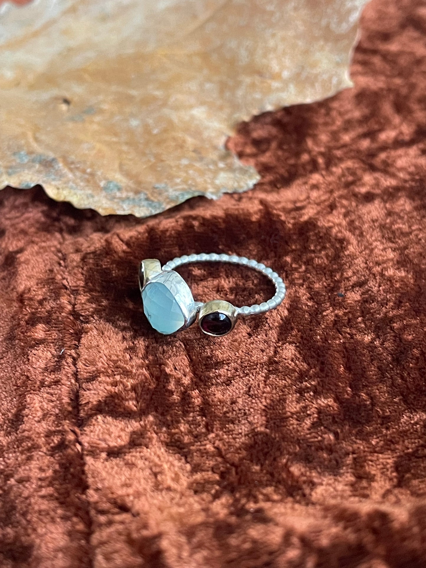 Aqua Chalcedony and Garnet Sterling Silver Ring